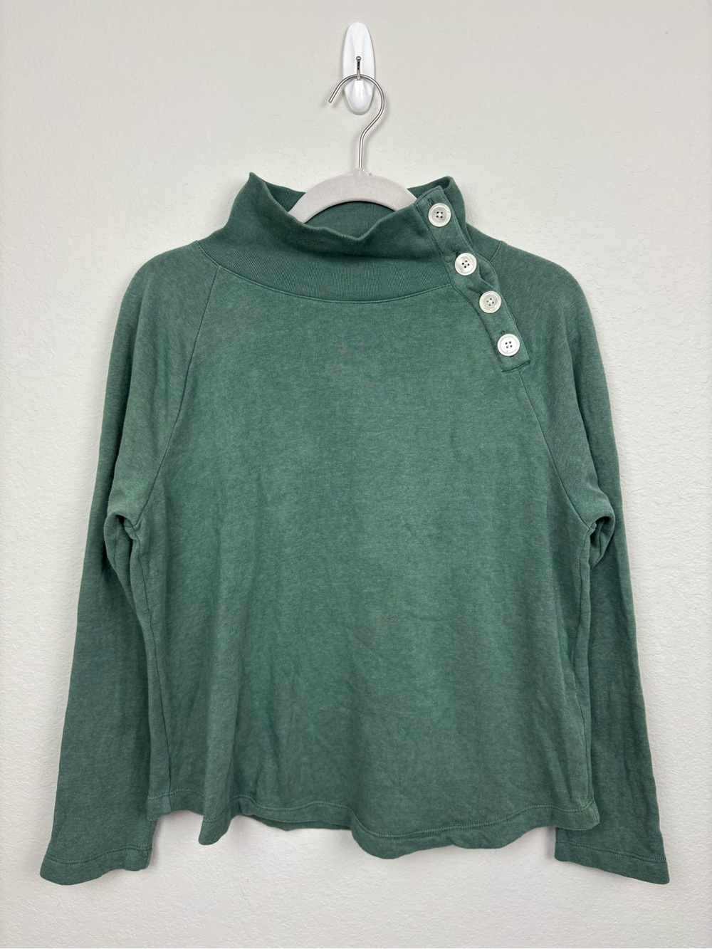 J.Crew Sage Green Button Funnel Neck Fleece Pullover Sweater Coastal Preppy Cozy